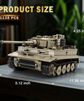 Tiger I Tank Building Block Set For Adults And Collectors, World Of Tanks Licensed German WWII Tank Model At 1 To 28 Scale, 1138 Pieces, dimensions labeled on display table, highlighting size.