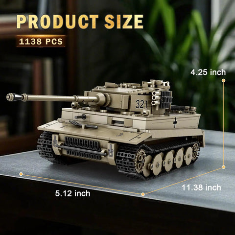 Tiger I Tank Building Block Set For Adults And Collectors, World Of Tanks Licensed German WWII Tank Model At 1 To 28 Scale, 1138 Pieces, dimensions labeled on display table, highlighting size.