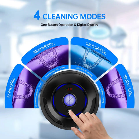 Go-To Ultrasonic Retainer Cleaner Pod With 45KHz Deep Cleaning and digital timer, finger pressing button on device.