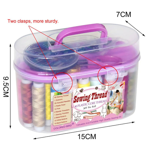Portable sewing kit with 40 spools, needles, scissors; purple handle, transparent case. Purple 40 Spools Sewing Thread Gift Box Kit For Portable Basic Repairs Handy Hand Sewing Set With All Essentials For Crafting Mending And DIY Projects Dope Gift Box For Crafters