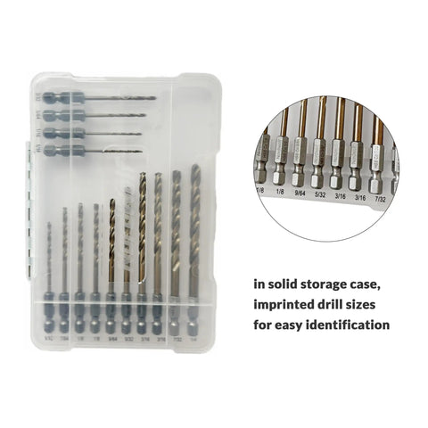 14-Piece M35 Cobalt Drill Bit Set For Stainless Steel And Hard Metals, Jobber Length With One Quarter Inch Hex Shank in case