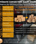 Heavy Duty Automatic Case Sealer Double Flap Box Taping Machine shown with packed boxes and adjustable sealing settings.