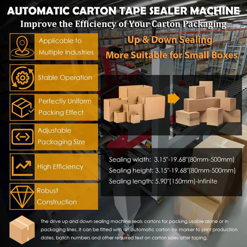 Heavy Duty Automatic Case Sealer Double Flap Box Taping Machine shown with packed boxes and adjustable sealing settings.