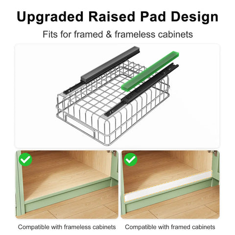 Heavy Duty Stainless Steel Pull Out Cabinet Organizer Two Pack with raised pad design, suitable for framed and frameless cabinets.