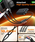 Massive 60000mAh Power Bank With 3 In 1 USB-C iOS Micro USB Cable And 22.5W Fast Charge, braided cable detail view