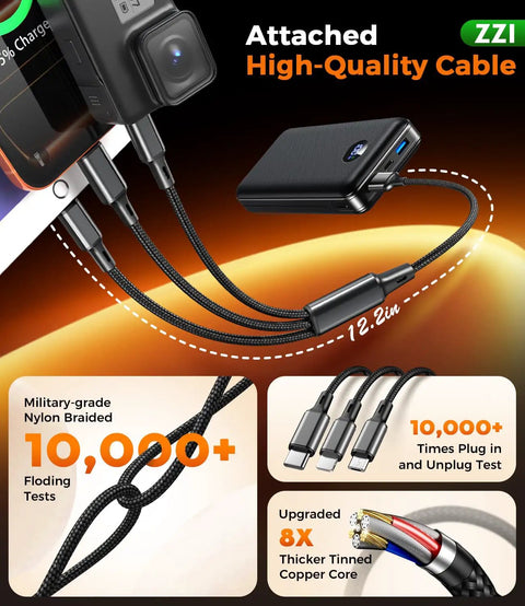 Massive 60000mAh Power Bank With 3 In 1 USB-C iOS Micro USB Cable And 22.5W Fast Charge, braided cable detail view