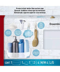 Packaging of Damage Free Bathroom Organization Five Piece Set With Shower Caddy Soap Dish Toothbrush Holder And Two Water Resistant Strips.