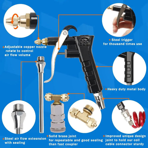 Image showing components of Heavy Duty Truck Air Duster Blow Gun Kit With 9 Meter Coil And 2 Interchangeable Nozzle Tips Blue.