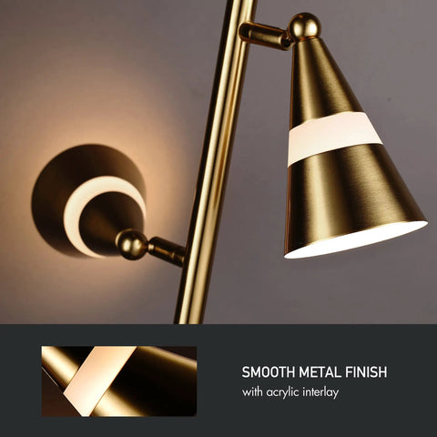 Close-up of Ash 3-Head LED Tree Floor Lamp With Dimmable Lights, featuring smooth antique brass finish and acrylic interlay.