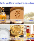 Heavy Duty Automated Pneumatic Bottle Filler Featuring Stainless Steel Heating And Stirring Hopper For Chili Oil Honey Salad Dressing Built Tough No Sweat Operation Handles Viscous Pastes Like A Dream - Various viscous pastes and liquids like honey, tahini and salad sauce.