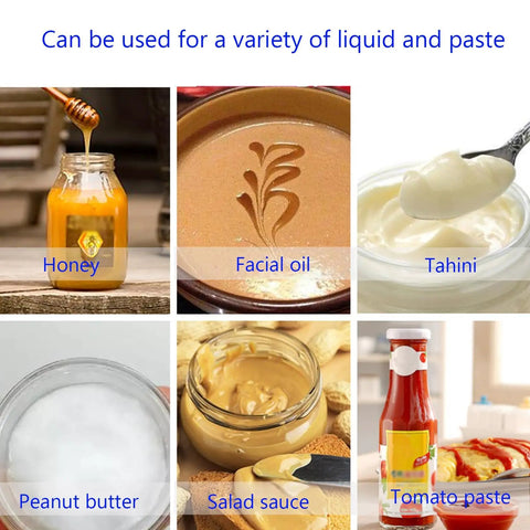 Heavy Duty Automated Pneumatic Bottle Filler Featuring Stainless Steel Heating And Stirring Hopper For Chili Oil Honey Salad Dressing Built Tough No Sweat Operation Handles Viscous Pastes Like A Dream - Various viscous pastes and liquids like honey, tahini and salad sauce.