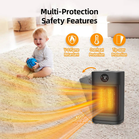 Indoor 1500W PTC Ceramic Space Heater With Remote LED Display 70 Degree Oscillation on beige carpet near child