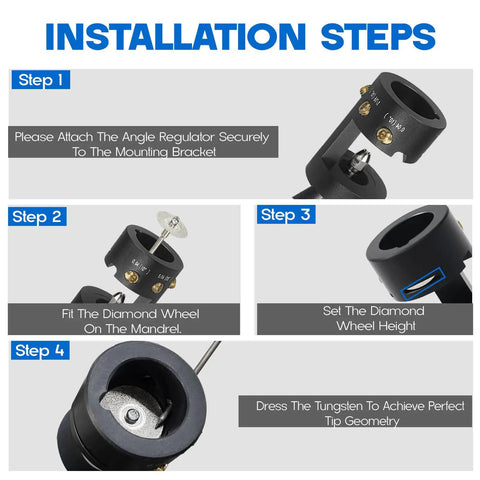 Installation steps for Top Tier TIG Tungsten Electrode Sharpener showing assembly of angle regulator and diamond wheel setup.