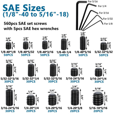 SAE screws and hex wrenches from Plug-and-Play 1500-Piece Set Screws Kit With 32 Sizes Metric And SAE, Black 12.9 Alloy Steel
