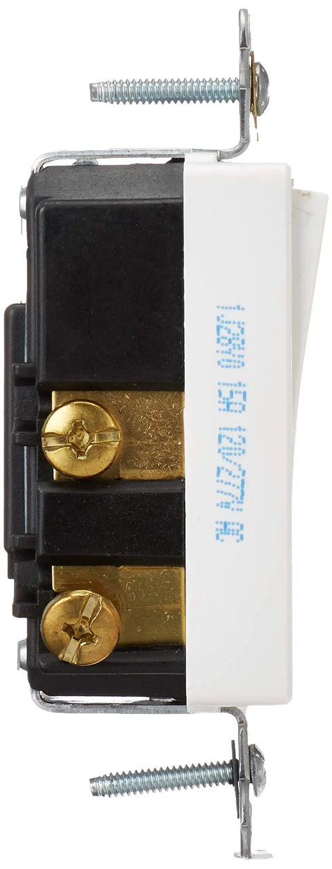 Decora Plus Rocker Switch 15 Amp 120 277 VAC SPDT Center Off Maintained Contact 5685 2W side view, brass terminals