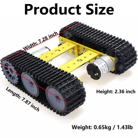 Tank Robot Chassis Starter Kit With MiniTP100 Metal Track Platform shown in gold with dimensions for Arduino Raspberry Pi projects.