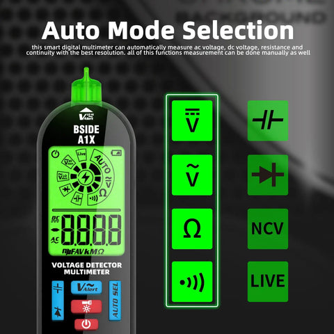 Rechargeable Digital Multimeter Tester With Smart Mode And Red Green Backlight For DIYers showing auto mode features