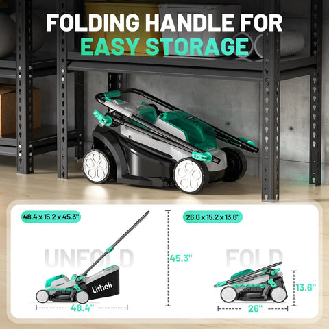 13 Inch Cordless Lawn Mower With 5 Height Settings 20V Brushless Motor Ideal for Garden Yard and Small Farm Lightweight No Fuss Walk Behind Includes 4Ah Battery And Charger For Quick Clean Cuts folded for easy storage
