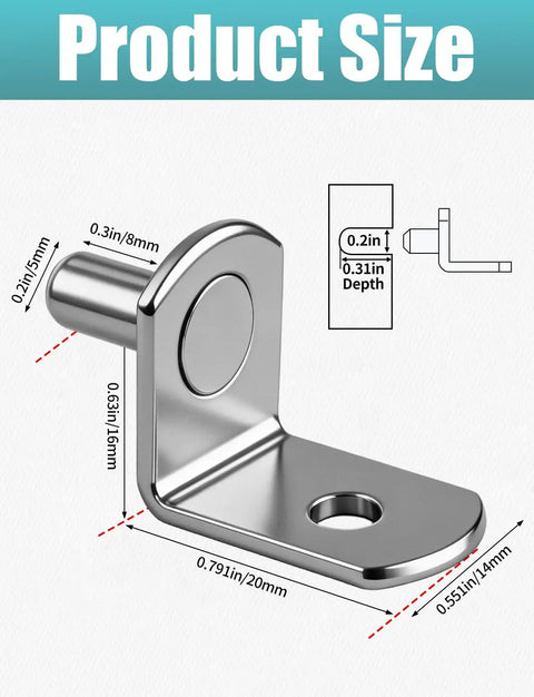 25 Pack Heavy Duty Shelf Pins 5mm Stainless Steel Cabinet Hardware Rock Solid Drawer Support Pegs showing size dimensions and design.