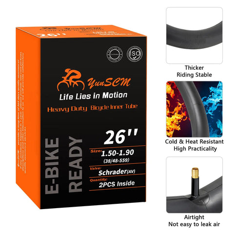 Packaging and features of Heavy Duty 26 Inch Bike Inner Tubes 26x1.50/1.75/1.90 with 32mm Schrader Valve, Two Pack.