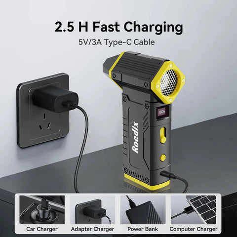 Beast Mode 210000 RPM Electric Air Duster With 8 Gear Turbo Control and LED Display charging via power outlet.