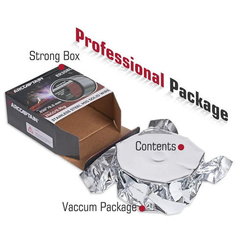 Pro Grade 0.030 Inch ER308L Stainless MIG Wire 2 Pound Spool With Low Splatter, open box and vacuum-sealed package