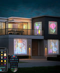 Smart Curtain String Lights RGB LED Fairy Lights DIY Color Changing With App Control Ideal For Wedding Decor Bedroom Dope Vibe And Party Setups 9.8 X 9.8 Feet Red displayed on house windows, with app and remote control visible