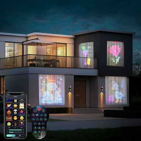 Smart Curtain String Lights RGB LED Fairy Lights DIY Color Changing With App Control Ideal For Wedding Decor Bedroom Dope Vibe And Party Setups 9.8 X 9.8 Feet Red displayed on house windows, with app and remote control visible
