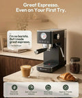 Slick No Fuss Espresso Machine With Built In Milk Frother And 20 Bar Italian Pump For Fast One Touch Shots At Home, with coffee and croissant.