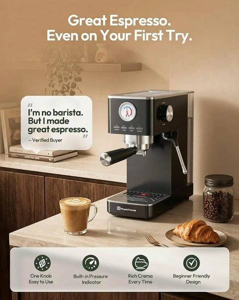 Slick No Fuss Espresso Machine With Built In Milk Frother And 20 Bar Italian Pump For Fast One Touch Shots At Home, with coffee and croissant.