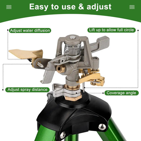 Impact Sprinkler On Tripod Base 2 Pack For Lawn Yard Garden With 360 Degree Coverage, showing brass head features and adjustments