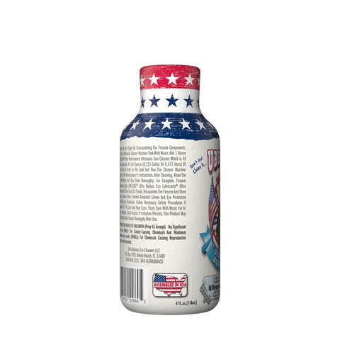 Heavy Hitting Ultrasonic Gun Cleaner 4X Ultra Concentrated Solution 4 Oz bottle featuring patriotic design and instructions.