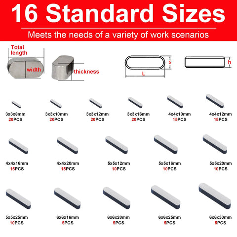16 standard sizes in Feather Key Set Kit, 200Pcs Round End Woodruff Key Stock, sizes from 8mm to 30mm with quantity per size displayed.