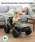 Boy driving Power Wheels with Real Rubber Tire Upgrade Kit, showcasing anti-slip, shock absorbing wheels, mom sleeping nearby.