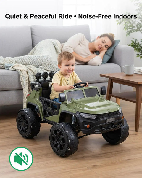 Boy driving Power Wheels with Real Rubber Tire Upgrade Kit, showcasing anti-slip, shock absorbing wheels, mom sleeping nearby.