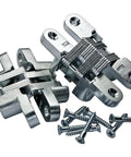 Concealed Black Finish Cabinet Hinge For Inset Doors With Three Eighths Inch Wings And One And Eleven Sixteenths Inch Long Designed For Half Inch Door Thickness Soss 101, shown disassembled with screws.