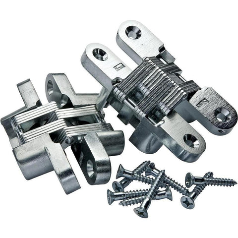 Concealed Black Finish Cabinet Hinge For Inset Doors With Three Eighths Inch Wings And One And Eleven Sixteenths Inch Long Designed For Half Inch Door Thickness Soss 101, shown disassembled with screws.
