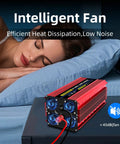 Heavy Duty Beast Mode Pure Sine Wave Power Inverter Converts 12 Volt To 120 Volt With 4000 Watt Continuous Output And 8000 Peak Watts For Rv Campers And Homes on a bedside table with a woman sleeping.