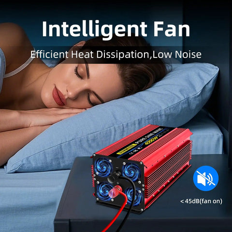 Heavy Duty Beast Mode Pure Sine Wave Power Inverter Converts 12 Volt To 120 Volt With 4000 Watt Continuous Output And 8000 Peak Watts For Rv Campers And Homes on a bedside table with a woman sleeping.