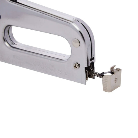 Close-up of Outward Clinch Heavy Duty Staple Gun for Packaging and Boxes, showing stainless steel handle and mechanism detail.