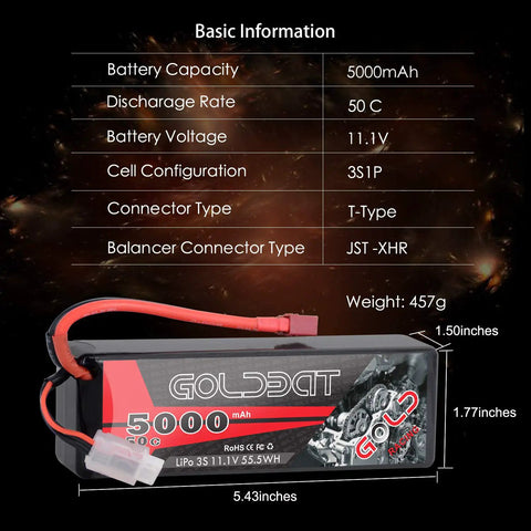 LiPo RC Battery Pack 11.1V 5000mAh 3S 50C With Hard Case And T Connector For Emaxx Axial RC Cars Trucks Buggy Truggy Hobby 2 Pack