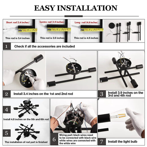 Installation guide for Six Light Black Matte Sputnik Ceiling Light Fixture Semi Flush Mount With E26 Base step by step