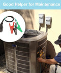 Technician using Pro Grade Must Have HVAC Tools Kit Accessory For Circuit Breaker Finder And Vacuum Pump With AC Gauges Clearance And Equipment.
