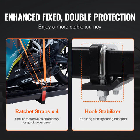 Close-up of Heavy Duty Motorcycle Carrier Hitch Mount With 600 Lbs Capacity 47 Inch Longer Ramp Ratchet Straps And Stabilizer