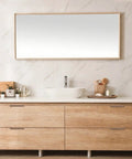 Modern bathroom with wood cabinet featuring Curved Aluminum Finger Edge Drawer Pulls 120mm Brown 16 Pack Modern Style Cabinet Handles Invisible Wardrobe Pulls For Cabinets Drawers Dressers And Furniture Hardware For Easy Installation, under a large mirror.