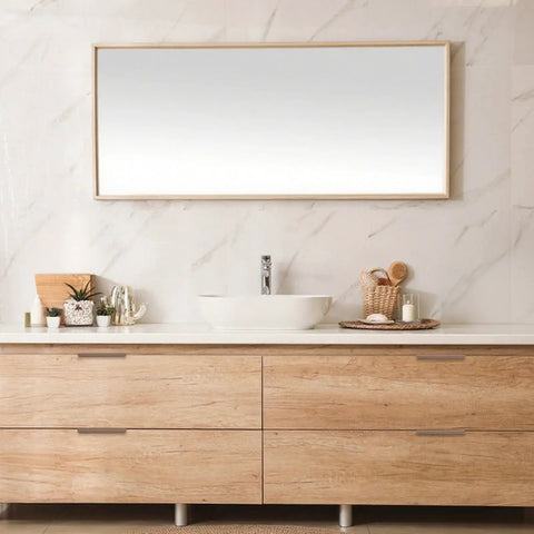 Modern bathroom with wood cabinet featuring Curved Aluminum Finger Edge Drawer Pulls 120mm Brown 16 Pack Modern Style Cabinet Handles Invisible Wardrobe Pulls For Cabinets Drawers Dressers And Furniture Hardware For Easy Installation, under a large mirror.