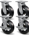 Tough As Nails Six By Two Inch Heavy Duty Caster Wheels With Thick Rubber Over Cast Iron For Dumpsters And Trash Carts Set features swivel and locking brakes.