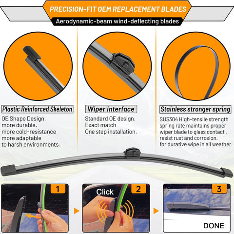 All Weather Windshield Wiper Blades 3 Pack For Audi Q5 2018 to 2024, highlighting reinforced skeleton and installation interface.