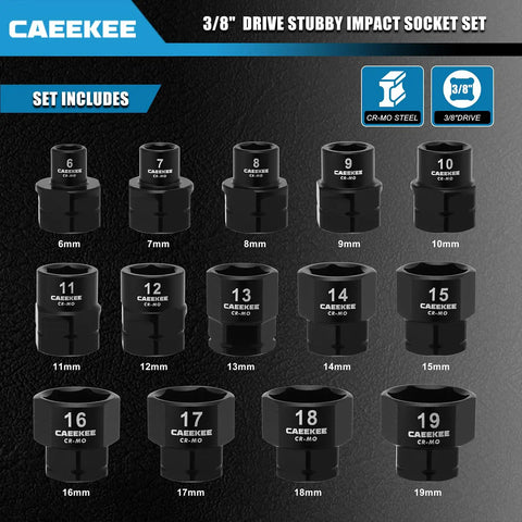 Low Profile Nano Impact Socket Set For 3/8 Inch Drive Metric Tools 6mm Through 19mm Cr-Mo Steel 6 Point Stubby Sockets