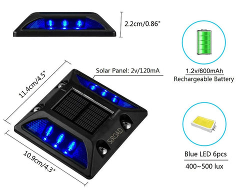 Solar Powered Driveway Deck Lights No Wiring Needed Outdoor LED Pathway Markers IP68 Waterproof Blue 6 Pack dimensions and features